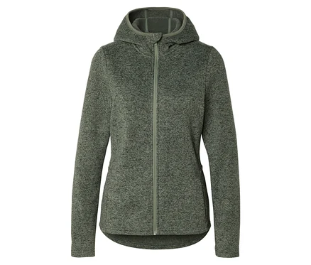 Eine melierte, grüne Fleecejacke mit Kapuze und durchgehendem Reißverschluss.