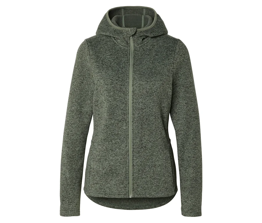 Eine melierte, grüne Fleecejacke mit Kapuze und durchgehendem Reißverschluss.