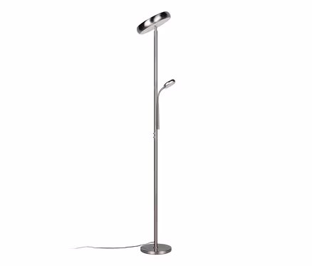 Silberne Reality LED-Stehleuchte »Palermo« mit rundem Fuß, einem Deckenfluter und einer flexiblen Leselampe.