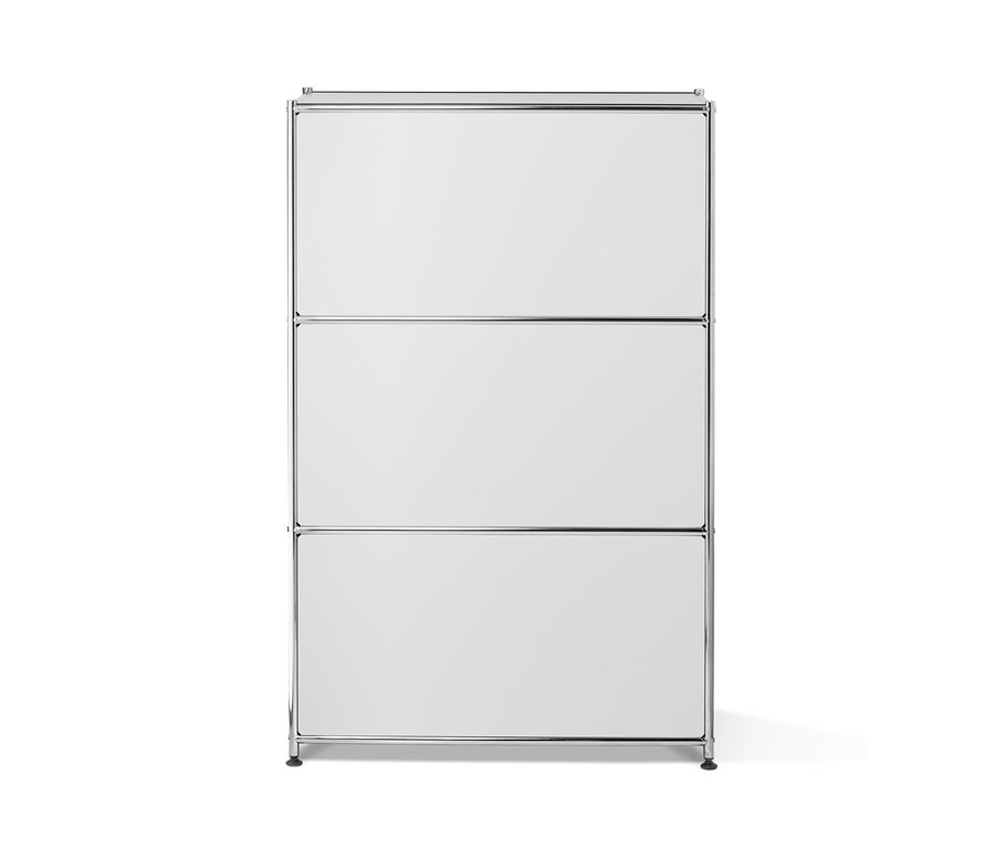 Ein weisses Metallregal mit drei Klappfächern.
