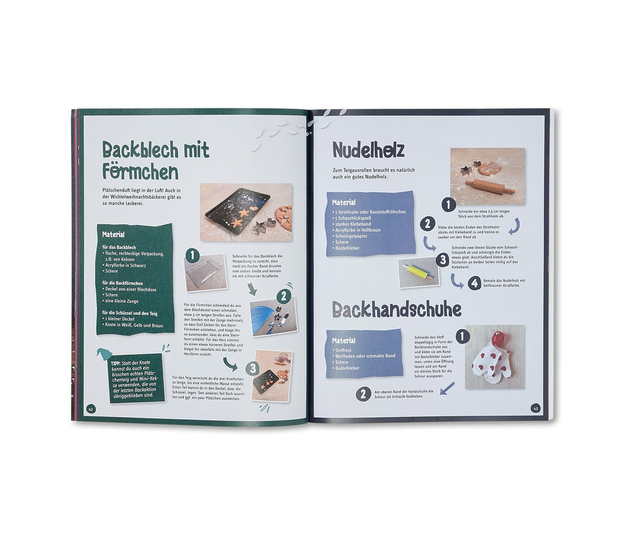 Offenes Buch zeigt Anleitungen zur Herstellung von Dekorationen aus dem Buch »Kreative Ideen rund um die Wichteltür«.