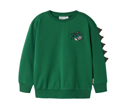 Grünes Langarm-Sweatshirt mit einem gestickten Cartoon-Drachenkopf auf der Brust und schwarzen dreieckigen Stacheln am rechten Ärmel.