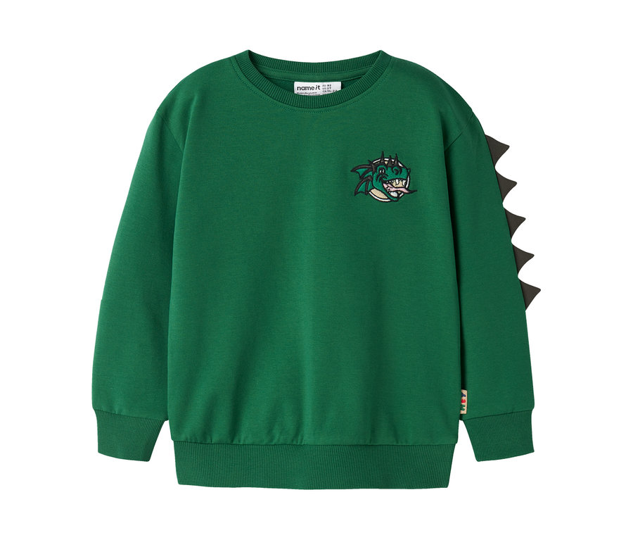 Grünes Langarm-Sweatshirt mit einem gestickten Cartoon-Drachenkopf auf der Brust und schwarzen dreieckigen Stacheln am rechten Ärmel.