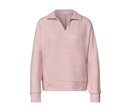 Rosa Street One Poloshirt mit langen Ärmeln, V-Ausschnitt und Polokragen.