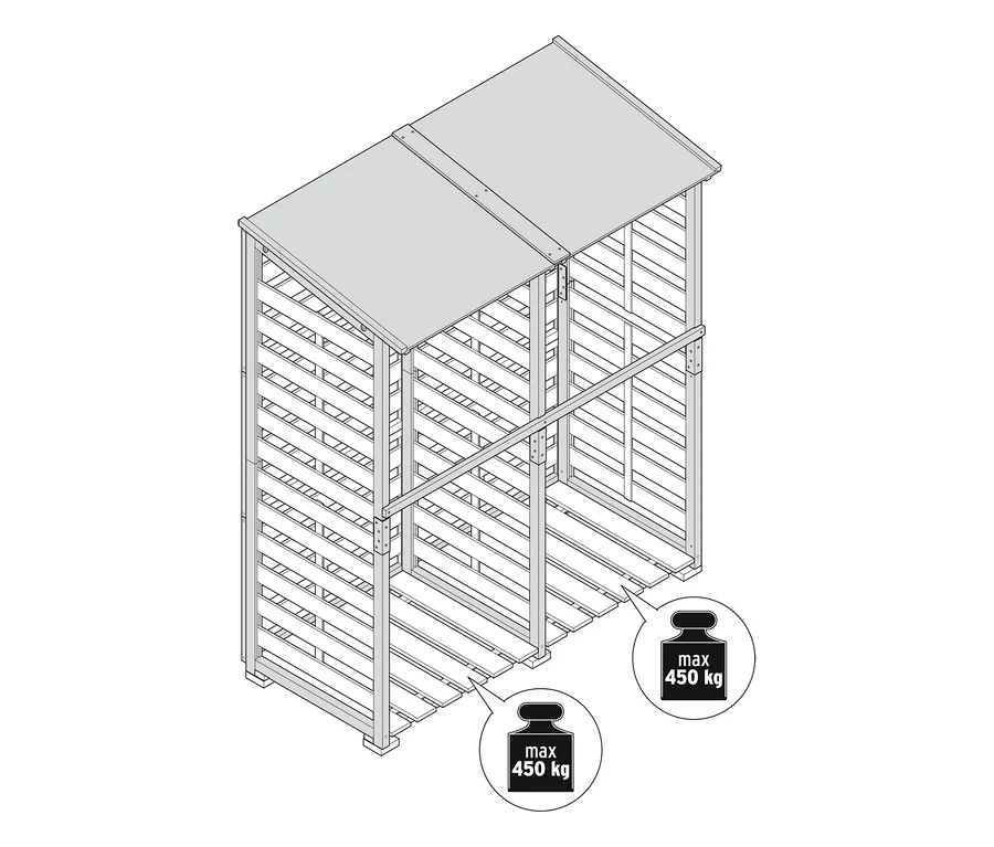 Kaminholzunterstand mit Rückwand, eine Holzkonstruktion mit schrägem Dach und Lattenwänden, die bis zu 450 kg tragen kann.
