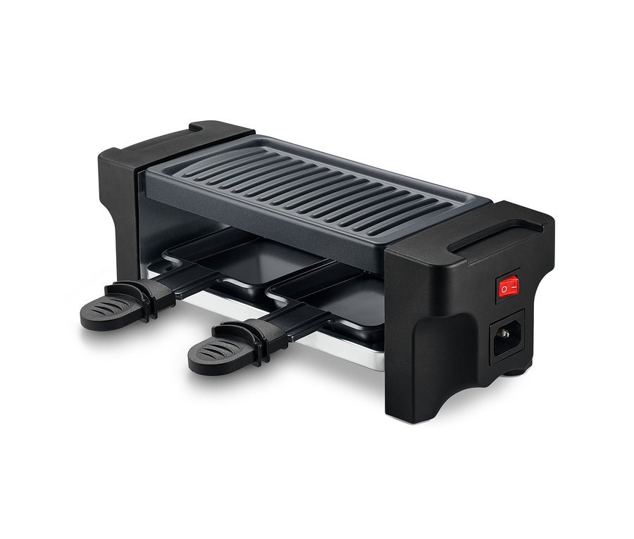 Schwarzer Raclette für zwei Personen mit Netzschalter.