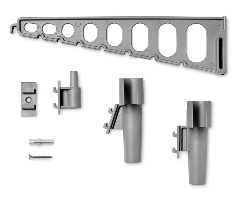 Ein grauer 2-in-1: Wäschetrockner und -auslüfter mit Befestigungsmaterial.