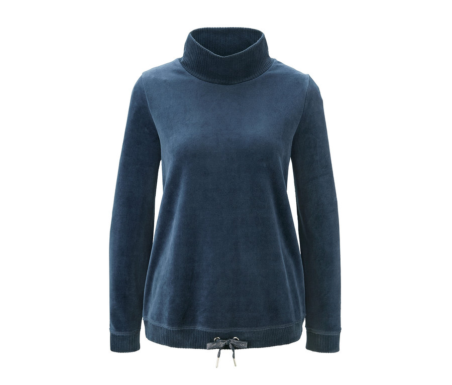 Blauer Nicki-Hausanzug mit Rollkragen und Kordelzug.