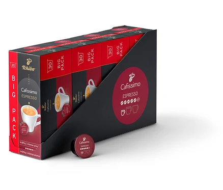 Eine Packung Cafissimo Espresso kräftig - 120 Kapseln in einer schwarzen Verpackung mit roten Details.