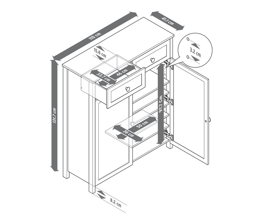 Illustration eines Highboards "Clara" mit Schubladen und Abmessungen.