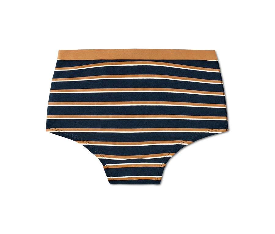 Nahaufnahme von 3 Kinder-Pantys mit blau, braun und weiß gestreiften horizontalen Streifen.