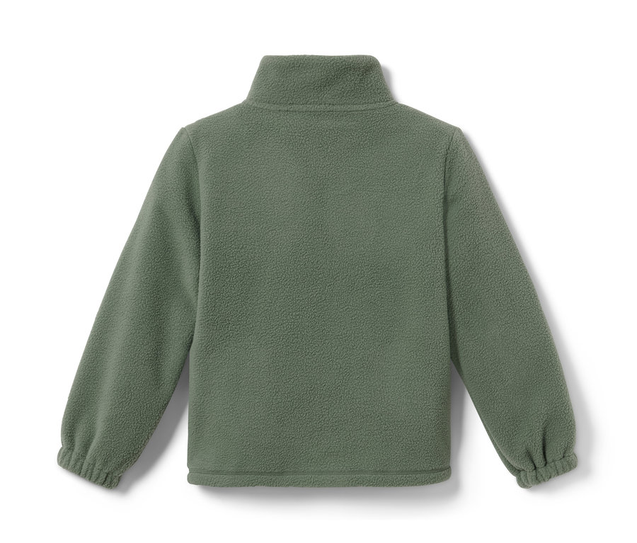 Rückansicht eines olivgrünen Kuschelfleece-Sweatshirts.