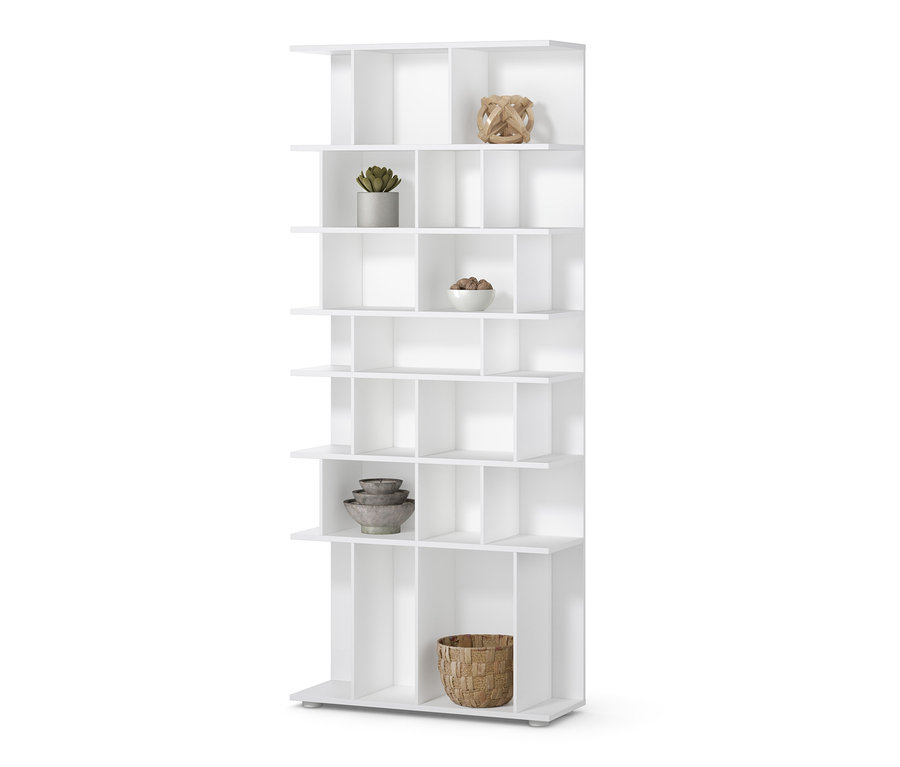 Weißes Regal, ca. 80 cm breit, mit Dekorationen.