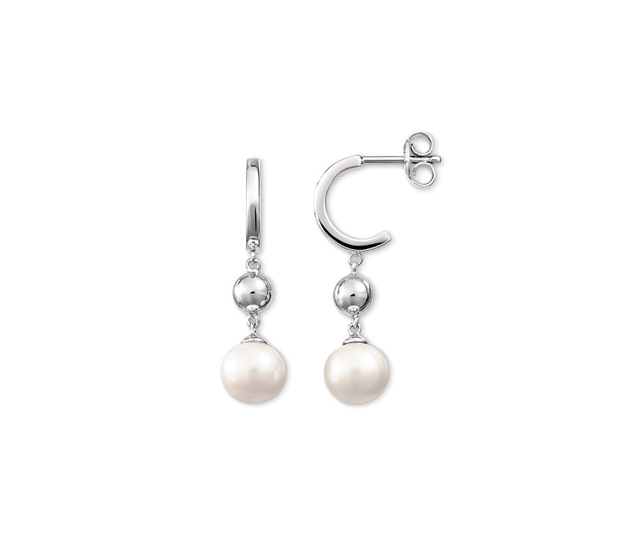 Zwei 925 Silber Creolen mit Kugeln und Perlen auf weißem Hintergrund.