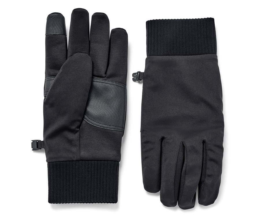 Zwei schwarze Softshell-Handschuhe liegen nebeneinander.