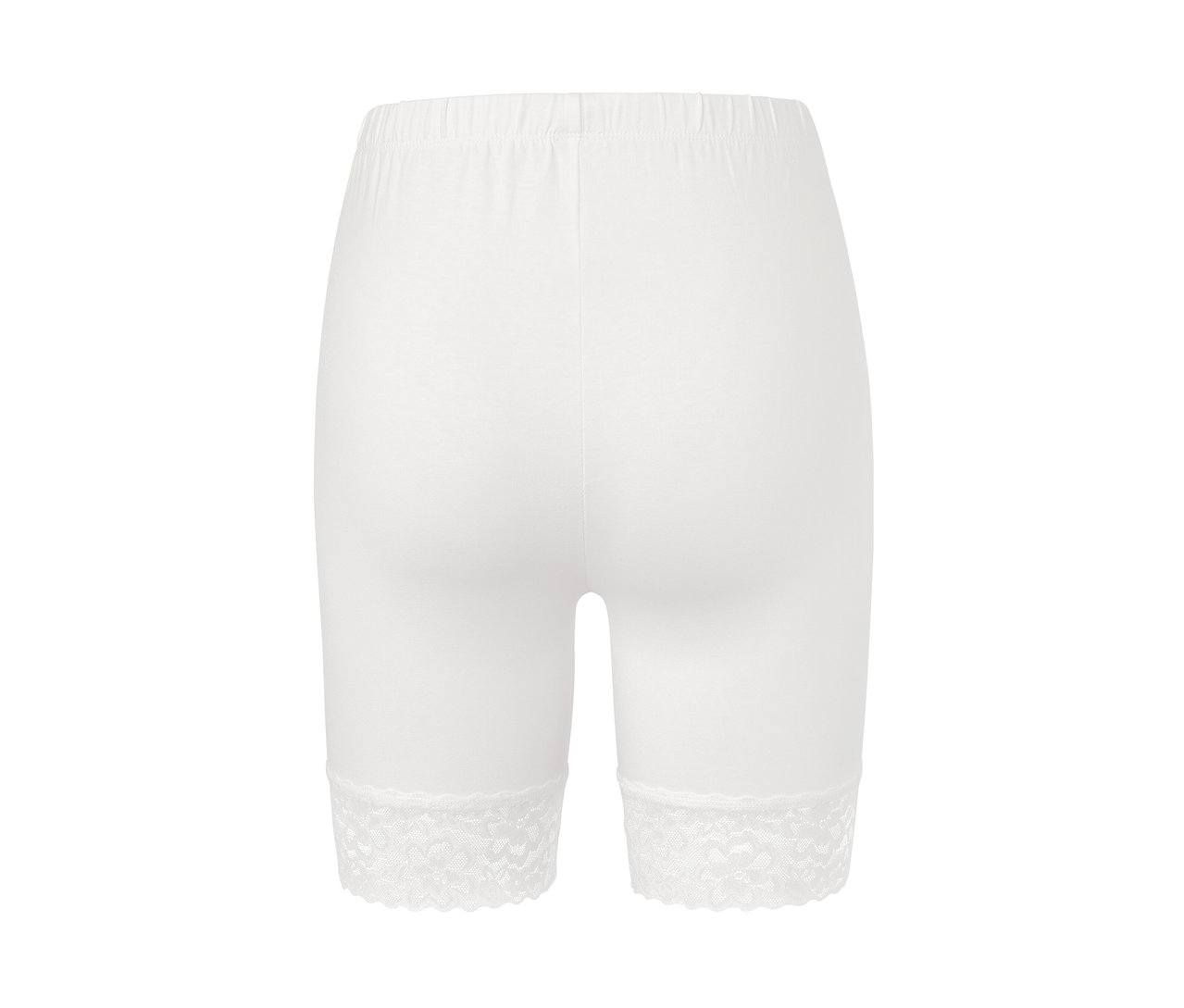 Detailansicht der Rückseite von weißen Radlershorts mit Spitzenborte.