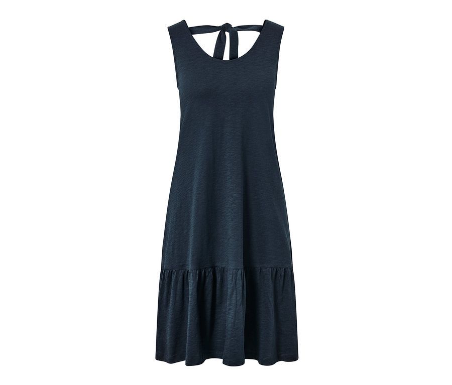 Dunkelblaues Jerseykleid mit Volant.