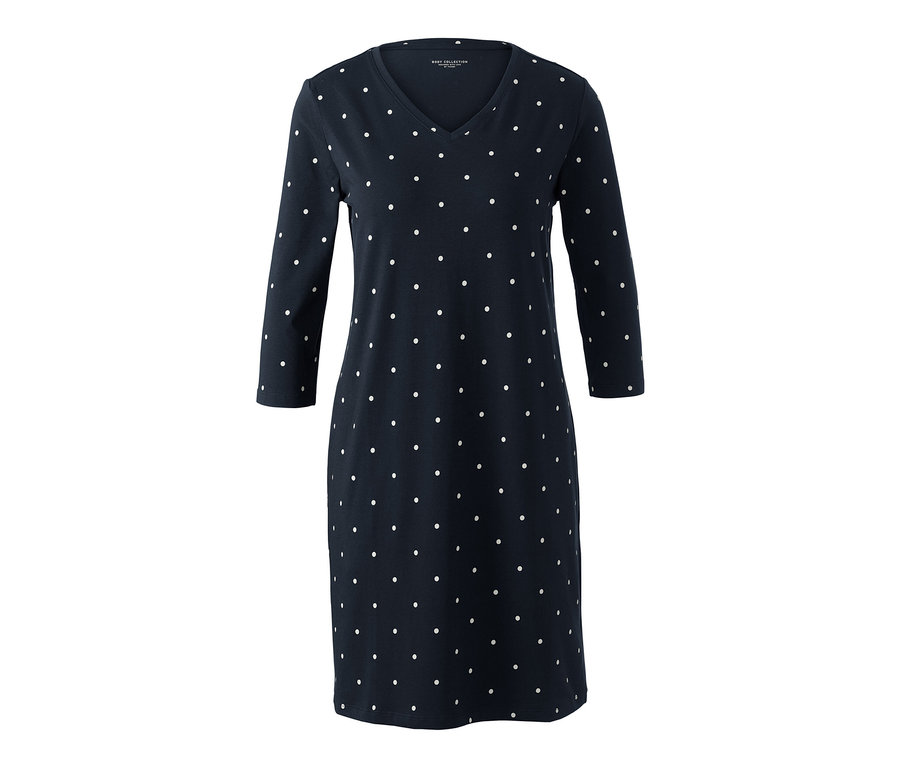Dunkelblaues Nachthemd mit weißen Punkten und 3/4-Ärmeln.