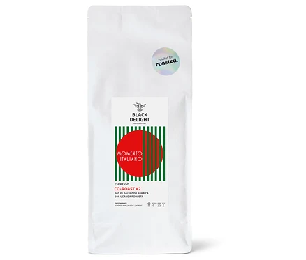 Eine Packung Black Delight x roasted. - Momento Italiano Co-Roast #2 Espresso - 500 g ganze Bohne.