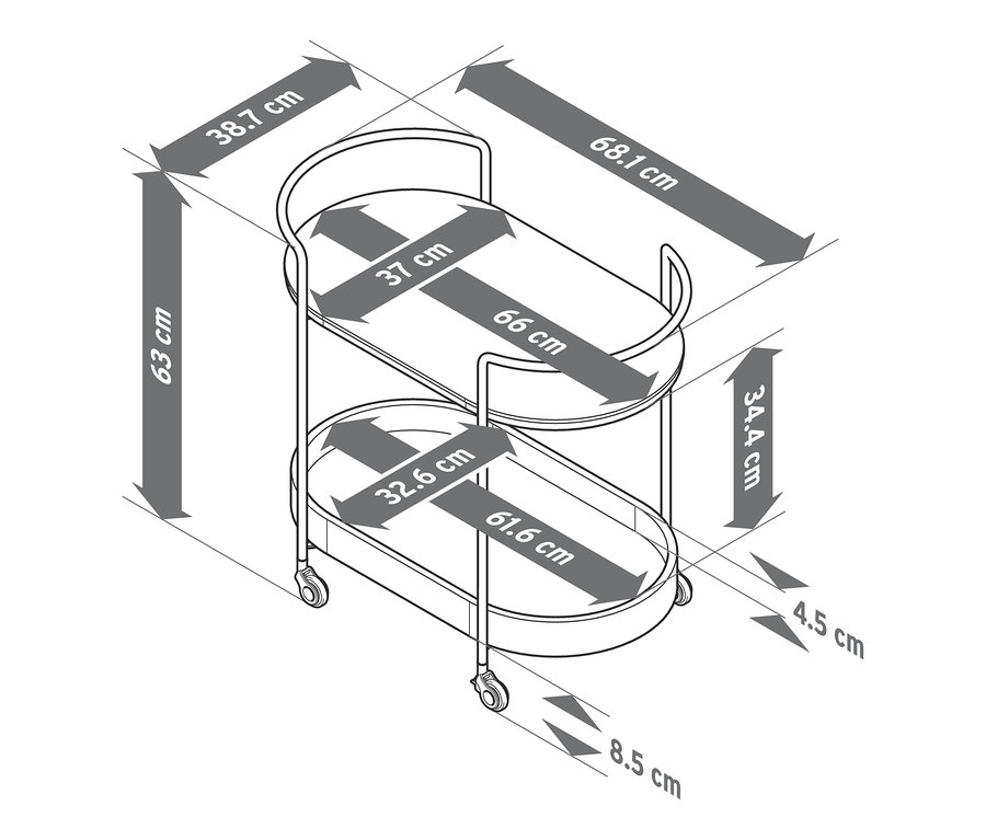 Abmessungen eines Servierwagens in Marmoroptik.