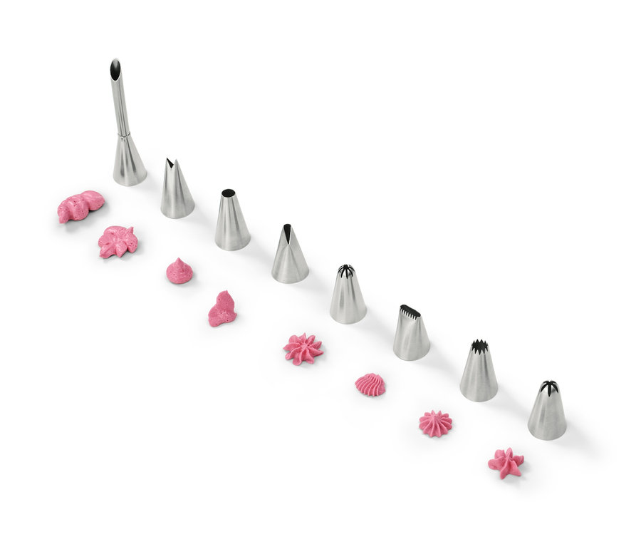 Eine Reihe von Spritztüllen-Sets mit rosa Dekorationen auf weißem Hintergrund.