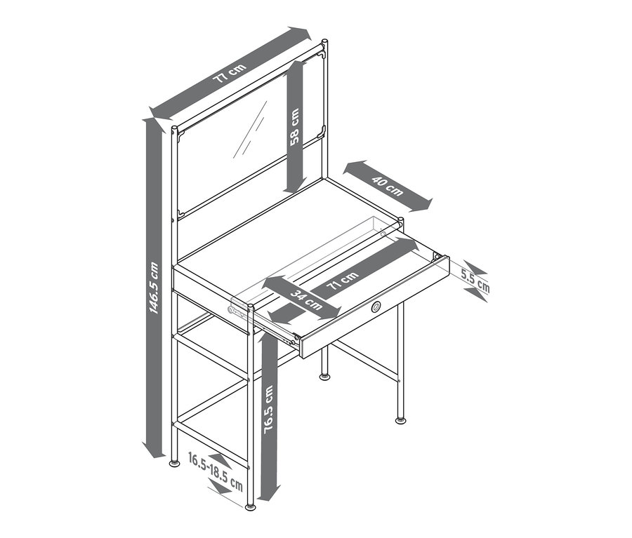 Abbildung eines Schminktischs Metall »CN3« mit großer Spiegelfläche und Schublade, inklusive Maße.
