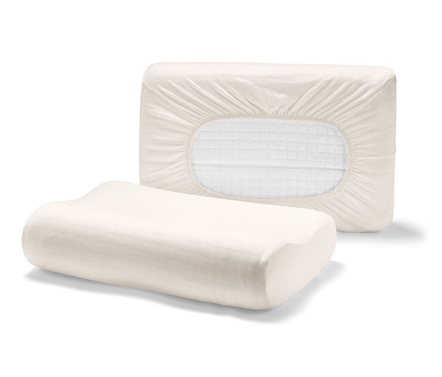 Zwei beige Jersey Kissen-Spannbezüge.