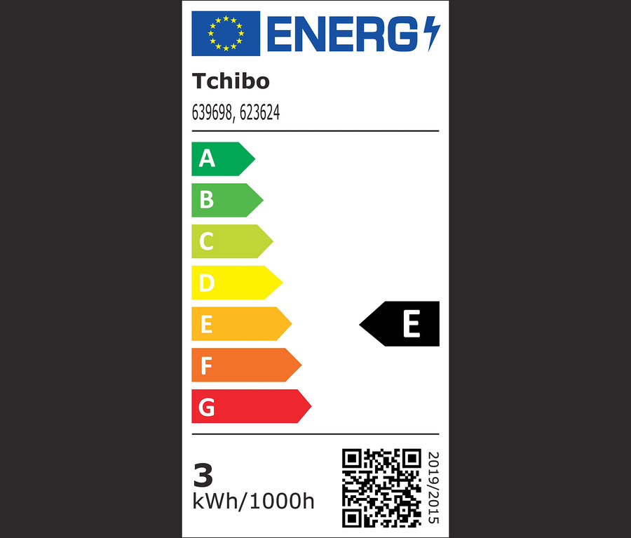 Tchibo Energielabel mit Energieeffizienzklasse E.