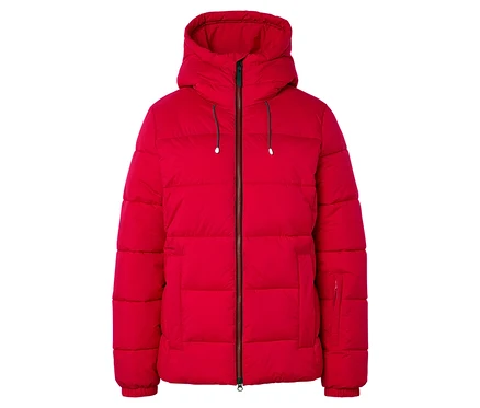 Rote Daunenjacke mit Kapuze und Reißverschluss.