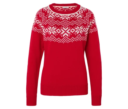 Roter Pullover mit weißen Schneeflocken.