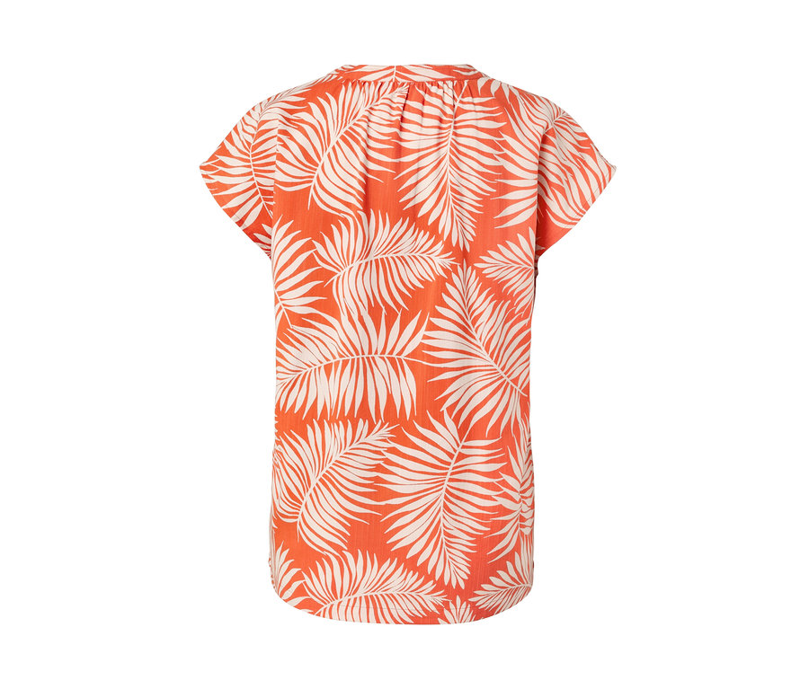 Orange, bedruckte Kurzarmbluse mit Blattmuster.