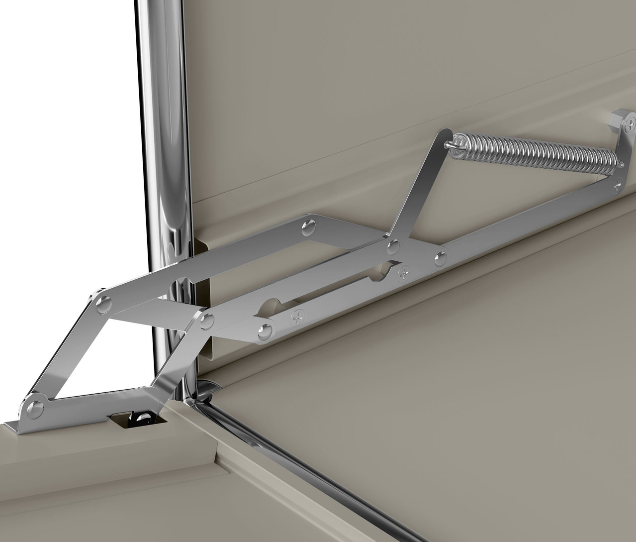 Detailansicht des Klappmechanismus vom hellgrauen Sideboard Metall "CN3" mit 1 Klappenfach.