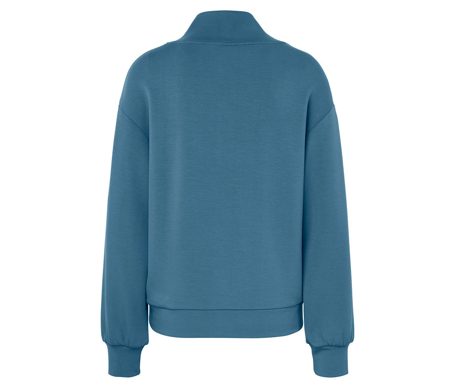 Blauer Pullover mit langen Ärmeln und Reißverschluss am Hals, Rückansicht.