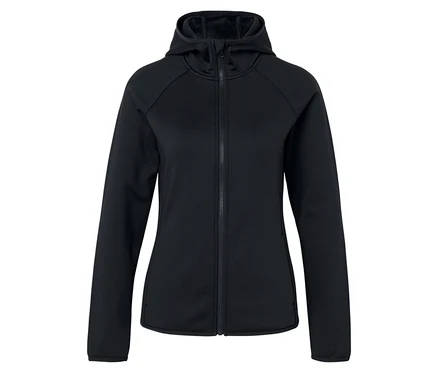 Schwarze Kapuzenjacke mit Reißverschluss.