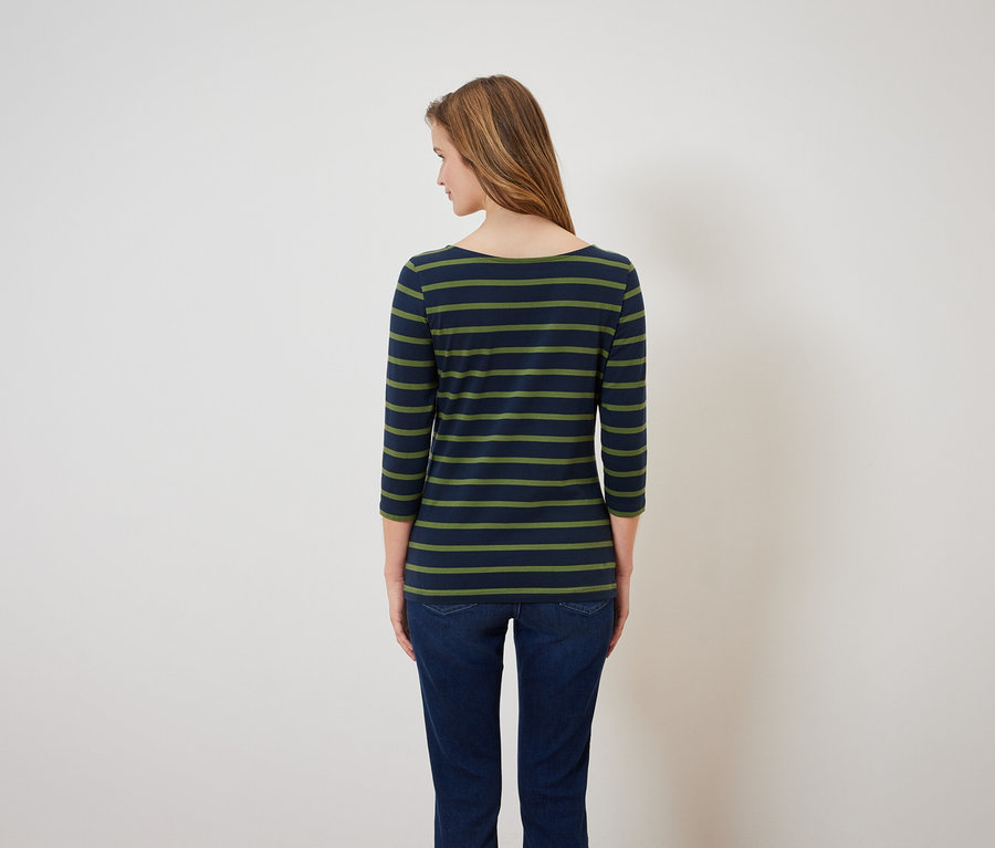 Frau steht mit dem Rücken zur Kamera und trägt ein blaugrün gestreiftes Shirt und blaue Jeans.