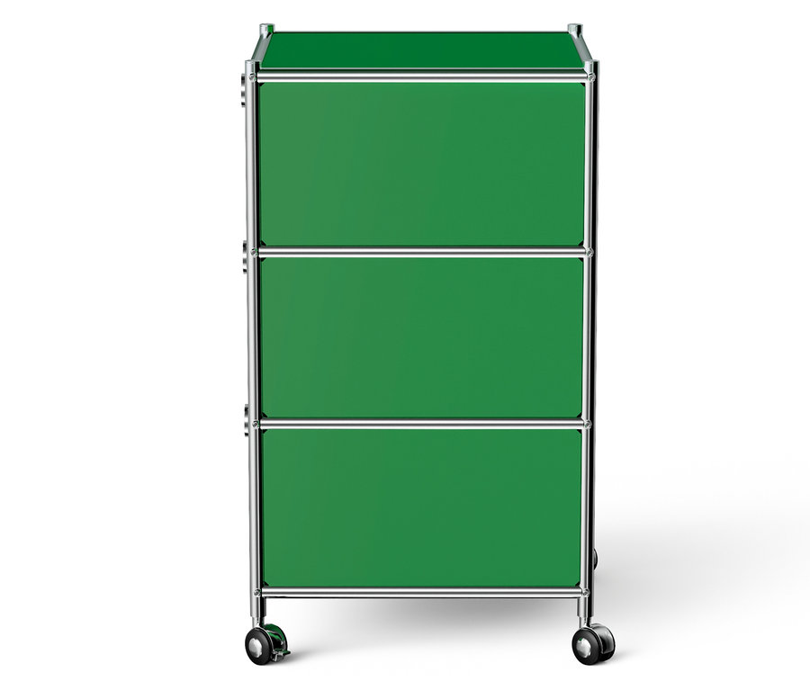 Grüner Rollcontainer mit drei Schubladen und Chromrahmen.