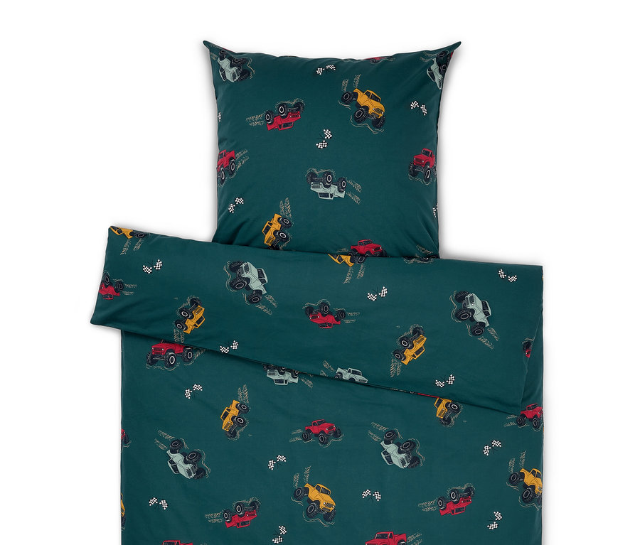 Grüne Kinder-Renforcé-Bettwäsche mit Auto-Motiven.