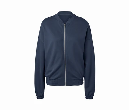 Marineblaue Sweatjacke mit Reißverschluss in der Mitte.