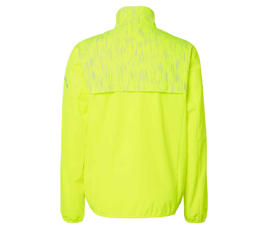 Rückansicht einer neongelben Jacke mit reflektierenden Details im oberen Rückenbereich.