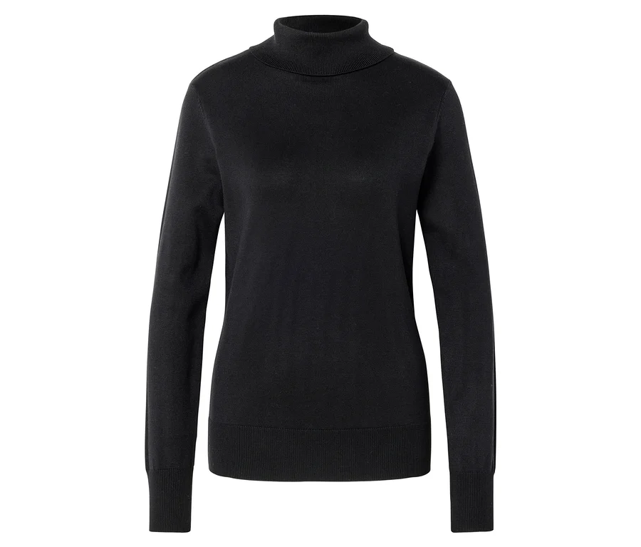 Schwarzer Rollkragenpullover mit langen Ärmeln, der auf einem weißen Hintergrund liegt.