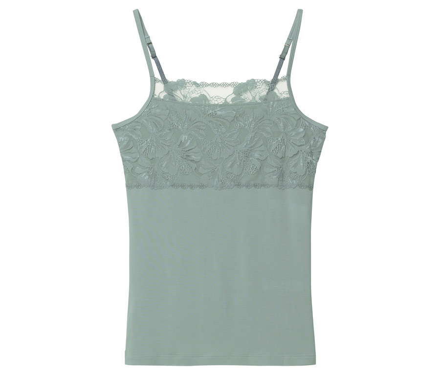 Helles, ärmelloses Top mit Spitzendetails am Ausschnitt und verstellbaren Trägern.