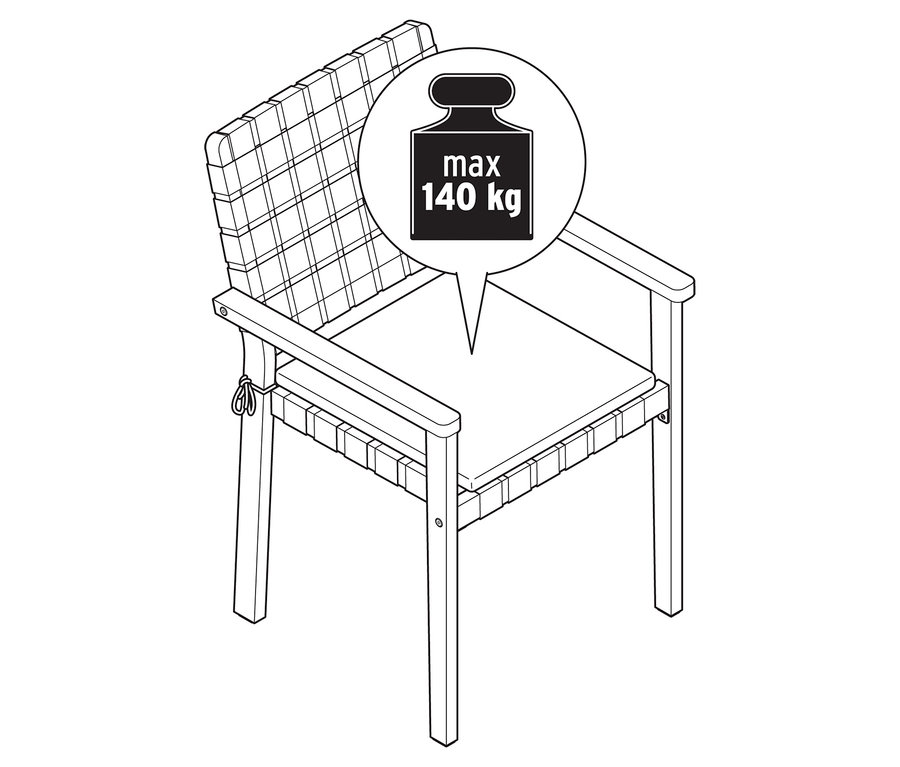 Illustration eines stapelbaren Gartenstuhls mit Gurtgeflecht, der ein Gewicht von maximal 140 kg tragen kann.