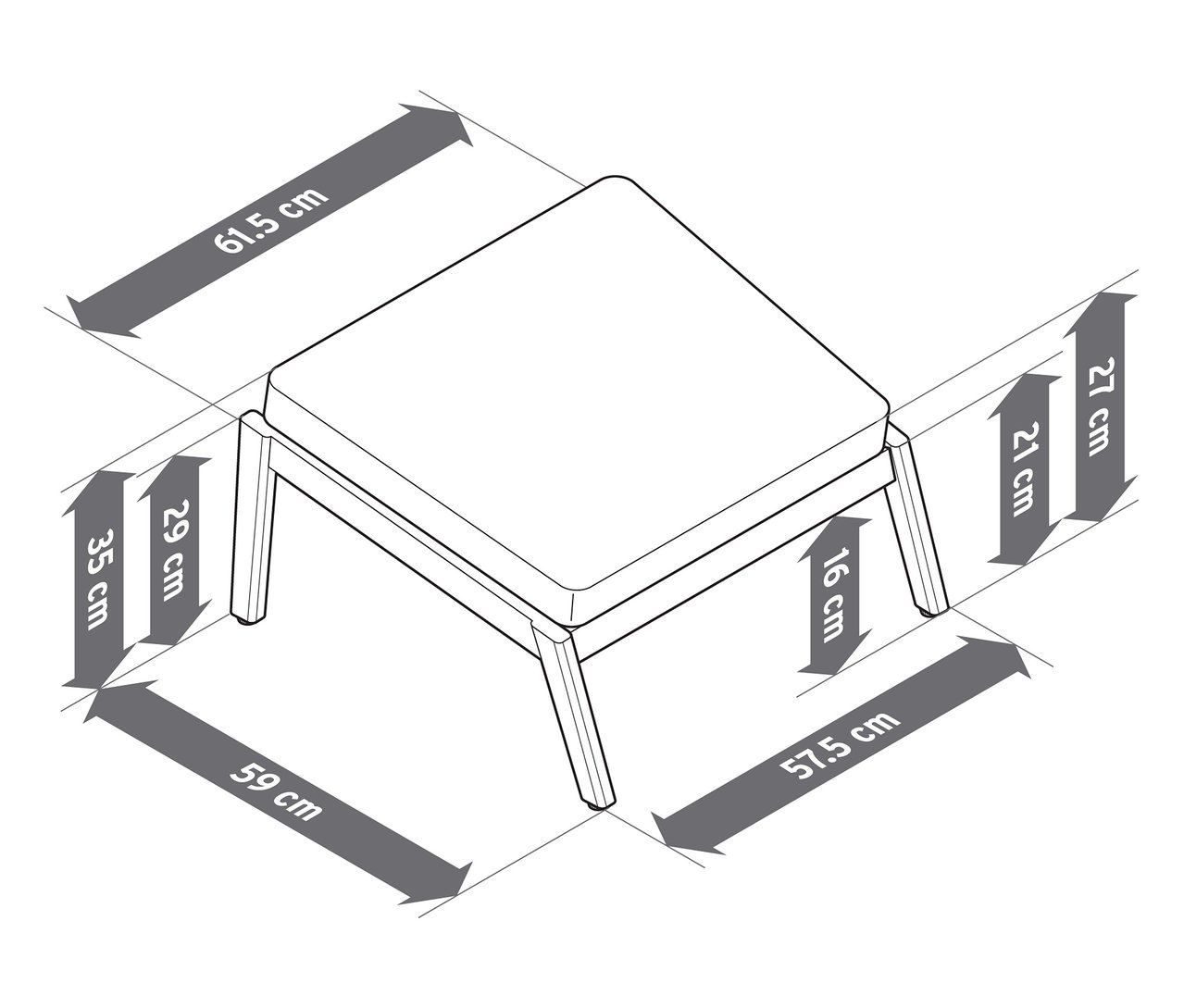 Abbildung eines komfortablen Gartensessels mit hoher Rückenlehne inklusive Fußlehne mit Maßangaben.
