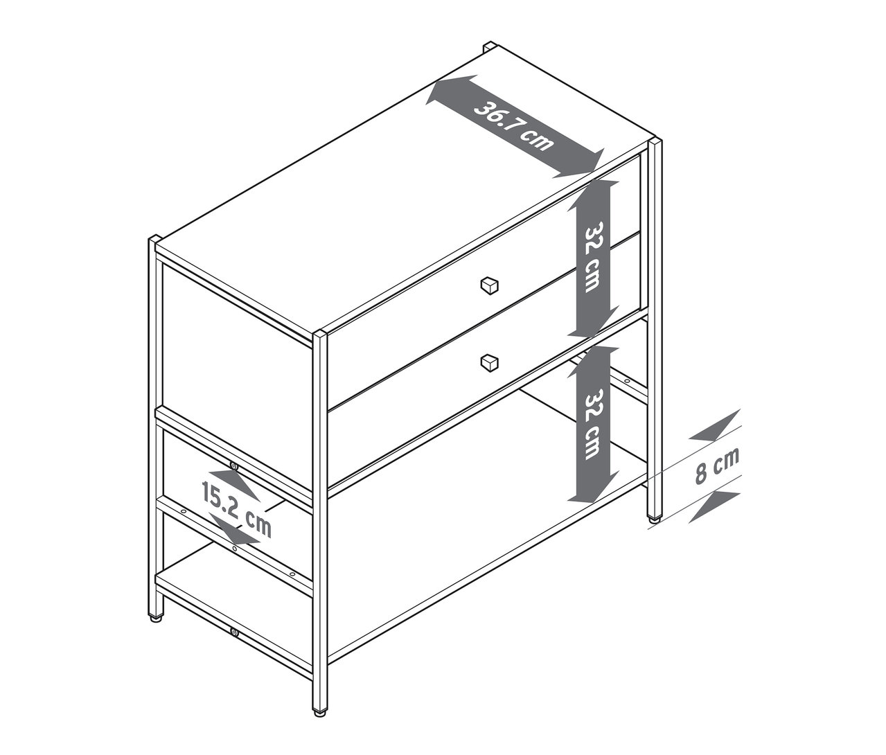 Draufsicht einer Kommode »GRADE« mit zwei Schubladen und den Maßangaben 36.7 cm Breite, 32 cm Höhe der Schubladen, 15.2 cm Regalbodenhöhe und 8 cm Beinhöhe.