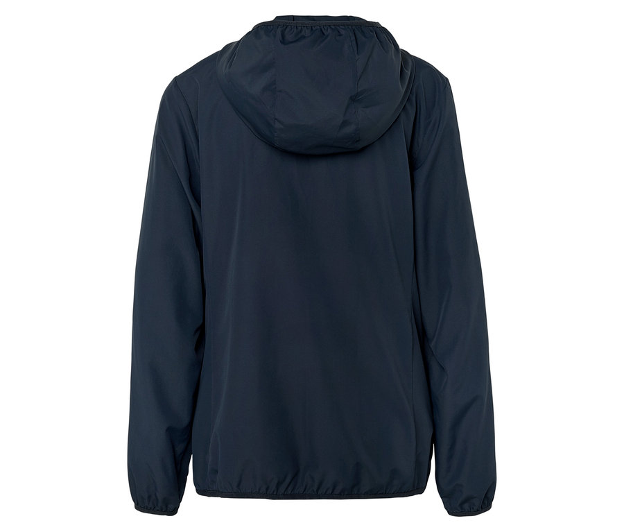 Rückansicht einer marineblauen Jacke mit Kapuze.