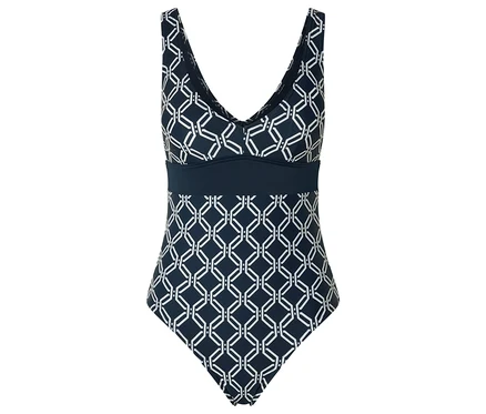 Blau-weisser Badeanzug mit geometrischem Muster.