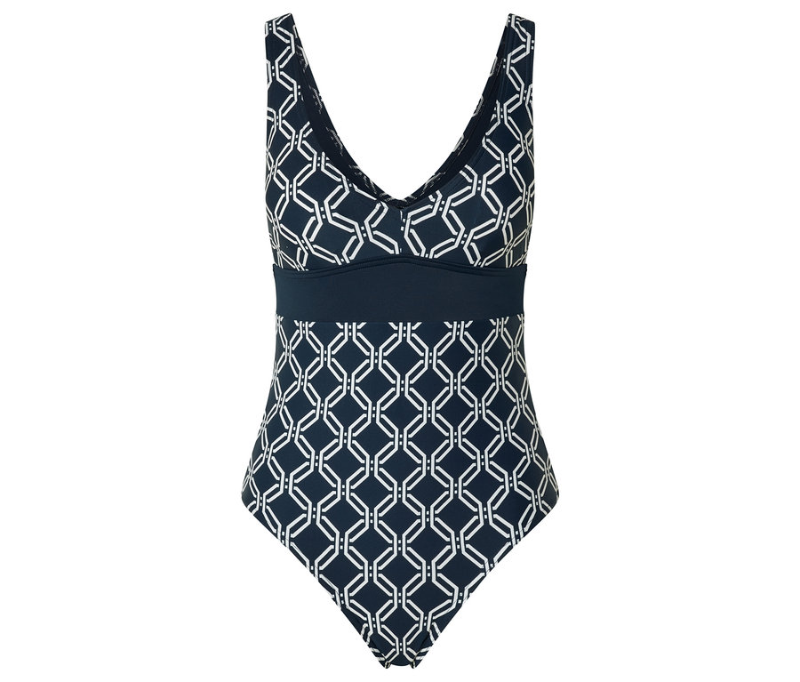 Blau-weisser Badeanzug mit geometrischem Muster.