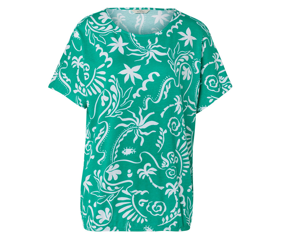 Grünes T-Shirt mit weißem tropischen Muster.