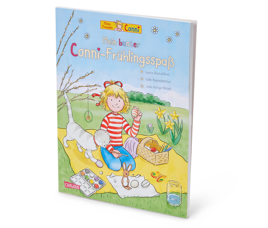 Cover des Buches "Mein bunter Conni-Frühlingsspaß" von Carlsen, das ein blondes Mädchen beim Bemalen von Ostereiern auf einer gelben Decke mit einer Katze zeigt.