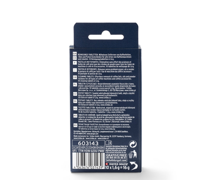 Eine Packung durgol® Reinigungstabletten für Kaffeeöle.